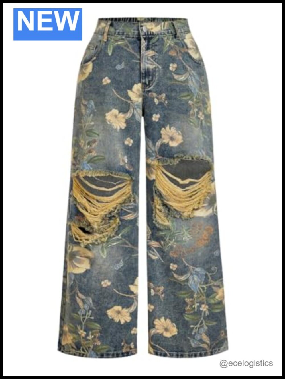 Plus Size Floral Ripped Wide Leg Jeans High Waisted Distressed Baggy Denim Pants